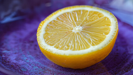Close-up of a fresh, juicy lemon slice on a purple surface.