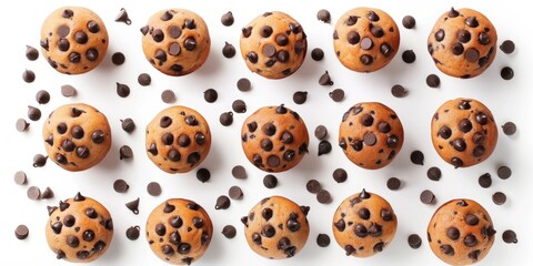 Chocolate chip muffins arranged in rows with scattered chocolate chips on a white background.