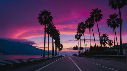 Pink Sunset Lakeside Road With Palm Trees and Mountains in the Distance