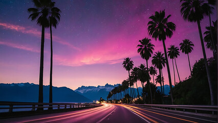 Pink Sunset Lakeside Road With Palm Trees and Mountains in the Distance