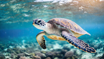 Fototapeta premium Young sea turtle swimming gracefully in crystal-clear Okinawa waters, embodying purity and freedom