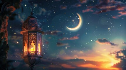 Illuminated lantern with a crescent moon in the background.