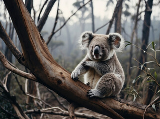 Lone Koala Clinging to Blackened Eucalyptus Branch with Singed Fur and Fearful Eyes, Set Against Smoldering Ruins of Forest Desolate Wasteland, Highlighting Impact of Wildfires on Wildlife