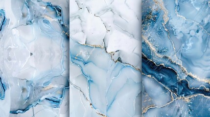 Triptych of marbled textures in blue and white. Digital artwork.