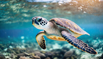 Fototapeta premium Young sea turtle swimming gracefully in crystal-clear Okinawa waters, embodying purity and freedom