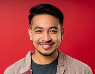 Fototapeta premium A men with 35 years old looking at the camera with excited facial expression in front of the red background
