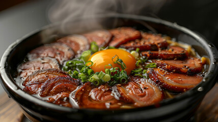 Steaming bowl of ramen with pork slices, egg yolk, and scallions.