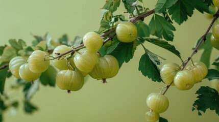 Ripe Gooseberries on Branch Against Green Background