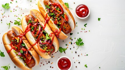 Hot dogs with vegetables and ketchup on a white background, in a flat lay banner style for a hot dog festival concept.
