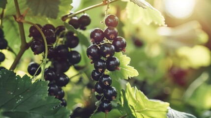 Naklejka premium Ripe black currants on the bush in sunlight. Close-up nature photography.