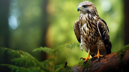 Fototapeta premium Perched eagle in a lush forest. Close-up wildlife photography.