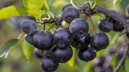 Fototapeta premium Sunlit black berries on branch. Macro photography with bokeh background.