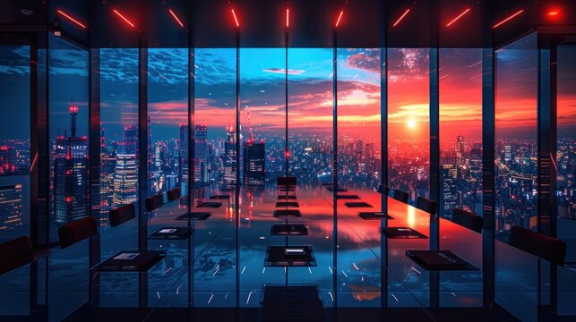 A conference room with reverse silhouettes of charts and graphs that sprout into vibrant cityscapes