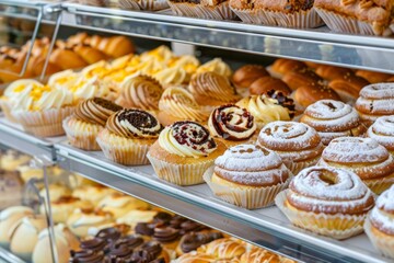 Fototapeta premium Assortment of fresh pastries and breads in bakery shop - desserts, snacks, baked goods - food retail