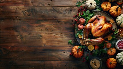 Roasted turkey with garnishes and pumpkins on a wooden table.