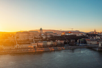 Budapest, the palace on the banks of Danube at sunset