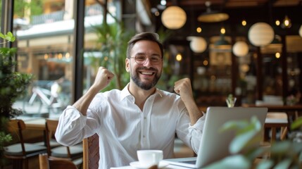 Successful Young Man Celebrating Achievement at Cafe