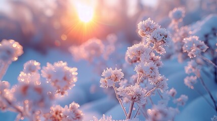 winter season outdoors landscape frozen plants in nature covered with ice and snow under the morning sun seasonal background for christmas wishes and greeting card.stock photo
