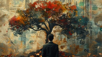 A reverse silhouette of a businessman looking at a tree with branches made of different currencies