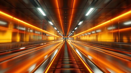 Obraz premium A long moving walkway in an airport terminal with orange and yellow lights . 