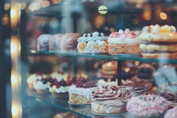 Obraz premium Assortment of fresh pastries and breads in bakery shop - desserts, snacks, baked goods - food retail