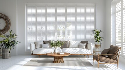 Modern living room with white wooden shutters and window blinds, natural light creating a bright atmosphere.

