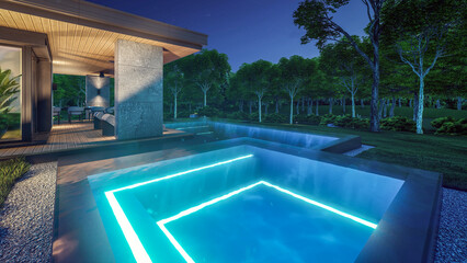 3d rendering of modern two story house with gray and wood accents, large windows, parking space in the right side of the building. Clear summer night with many stars on the sky.