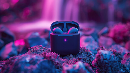 Wireless earbuds case in front of a waterfall with pink lighting.