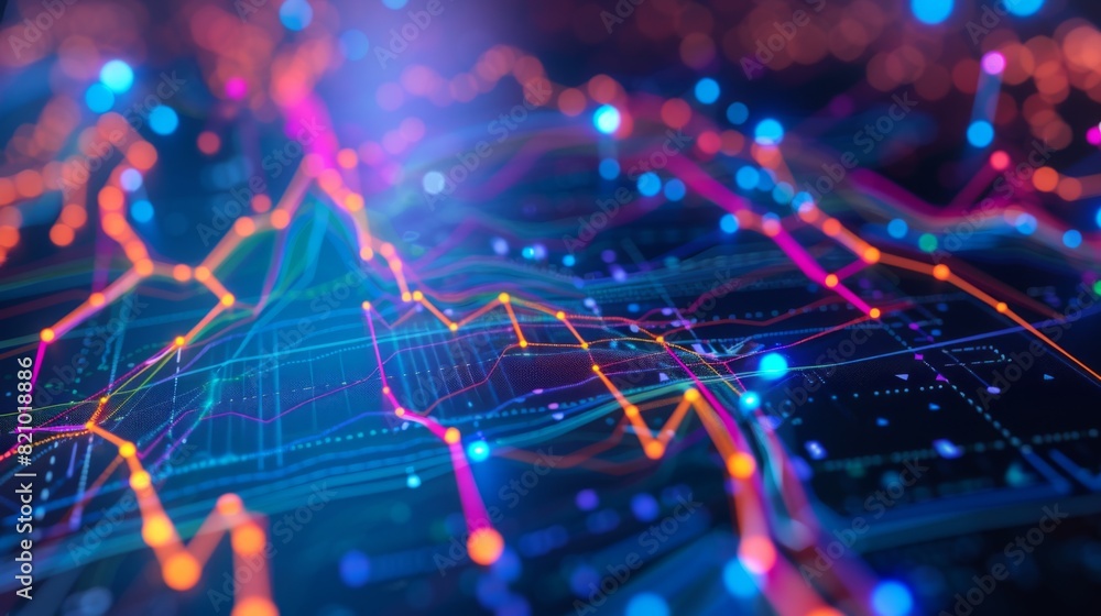 Fototapete Close-up of a financial chart on a computer screen with colorful lines and data points.