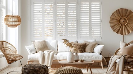 Modern living room with white wooden shutters and window blinds, natural light creating a bright atmosphere.
