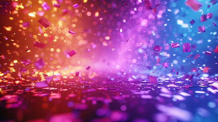 Obraz premium Colorful confetti with bokeh lights, vibrant party atmosphere.