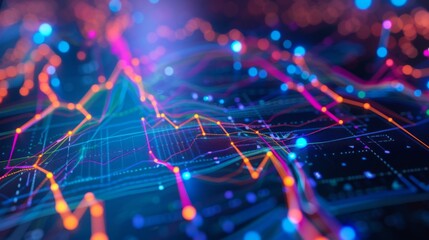 Fototapeta premium Close-up of a financial chart on a computer screen with colorful lines and data points.