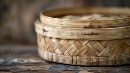 Close-up of a woven bamboo steamer on a rustic wooden surface.