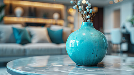 Turquoise ceramic vase with cotton stems on marble table in modern living room.