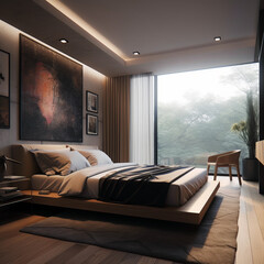 Interior of bedroom in modern house in Fusion style.