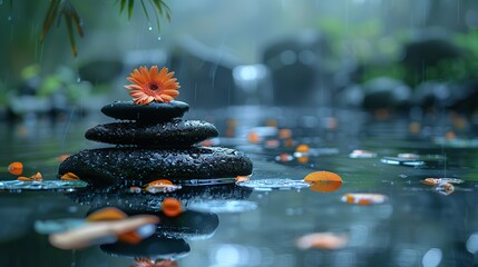 zen stones bamboo flower and water in a peaceful zen garden relaxation time wellness and harmony massage spa and bodycare concept.illustration