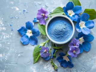 Blue Matcha Bliss: Powdered Blue Matcha Tea in Cup on Blue Background