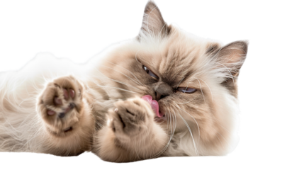 Himalayan cat licking its paw on a transparent background