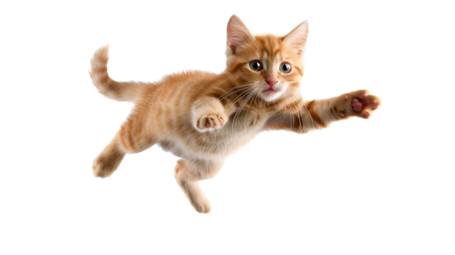 Orange kitten jumping playfully on a transparent background