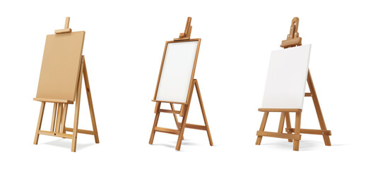 Wooden easel stand with an art board vector mockup. 3D painter's canvas tripod for displaying artist's drawings in a gallery exhibition. Wooden Easel Stand with Art Board - Realistic Vector Mockup.
