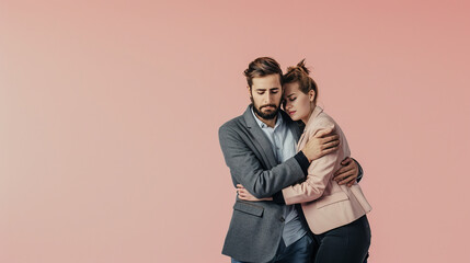 Award Winning national geographic Two colleagues, one comforting the other, symbolizing empathy and support, right in frame against a calm office environment, with the center showi