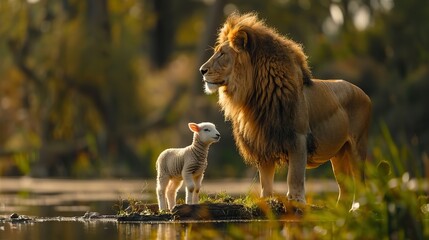 lion and lamb standing together spiritual metaphor of a symbolic couple association of the opposite balance of strength and softness courage and sacrifice pride and innocence.stock photo