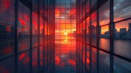 skyscrapers at sunset graphic perspective of buildings and reflections on water abstract architectural background for financial corporate and business brochure template.illustration stock image