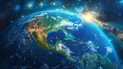 satellite view of planet earth focused on north america usa canada mexico and central america deep space and star constellations behind elements of this image furnished .illustration stock image
