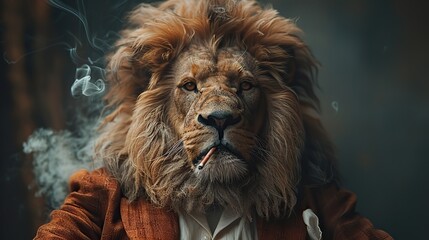 lion dressed in an elegant suit standing as a leader smoking a cigarette fashion portrait of an anthropomorphic animal feline lion posing with a charismatic human attitude.stock image