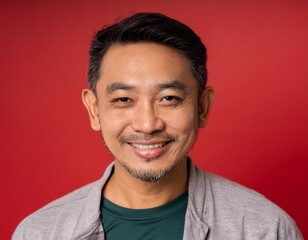 Obraz premium A men with 40 years old looking at the camera with excited facial expression in front of the red background