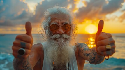 a happy hipster and cool grandfather original style and tattoos white beard and sunglasses thumb up active and fun lifestyle concept for seniors sunset of life in colors.stock photo