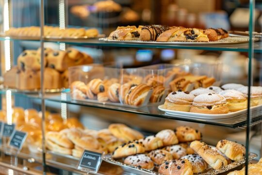 Assortment of fresh pastries and breads in bakery shop - desserts, snacks, baked goods - food retail