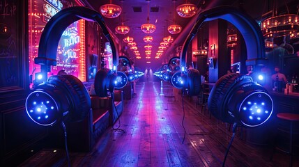 The nightclub floor gleamed with illuminated DJ headphones, beckoning partygoers to the dance floor..stock photo