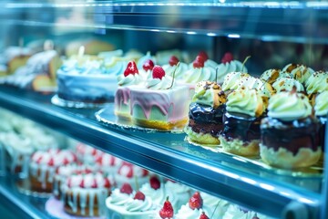 Assortment of fresh pastries and breads in bakery shop - desserts, snacks, baked goods - food retail